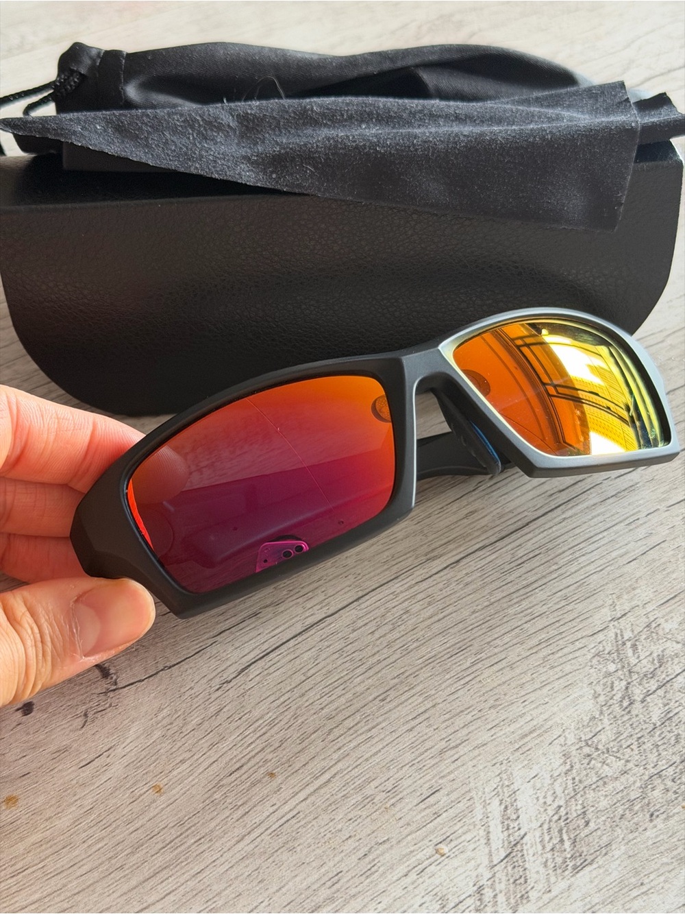 Black Sport Sunglasses with Red-Orange Mirrored Lenses for fishing